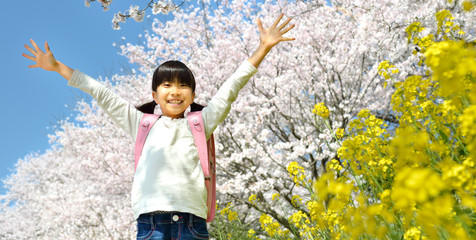 桜と小学生の女の子