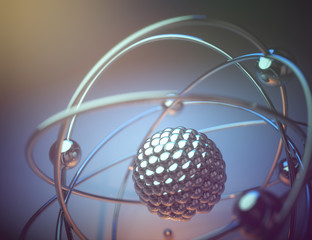 3D illustration. Concept image of a nuclear atomic model with nuclear fusion.