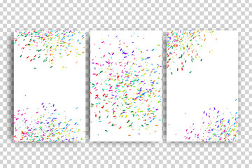 Vector set of realistic isolated greeting cards with confetti decoration for celebration and covering on the transparent background. Concept of happy birthday, party and holidays.