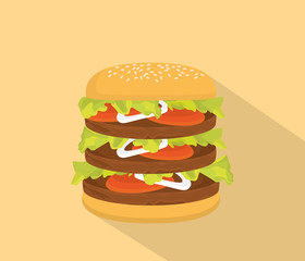 big hamburger with bun and tall patty and long shadow as background