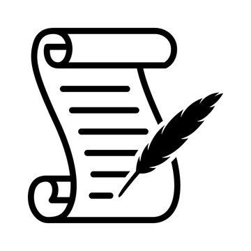 Writing on a scroll with a feather quill pen line art vector icon for games and websites