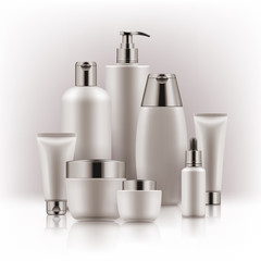 Elegant realistic packages for cosmetic product. Blank templates of containers vial with dropper, bottle for shower gel, lotion, shampoo with pump dispenser, jar, tube for cream. White and silver