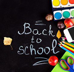  black chalkboard and school belongings, office