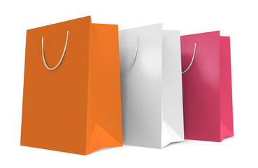 Group of 3 orange, white, and pink shopping bags, 3D rendering