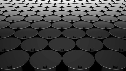 Oil barrel. Barrel of shale oil. Warehousing of barrels. 3d rendering