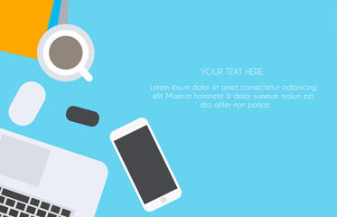 Work desk for office with stationery elements on the table. Top view with textured table, laptop, smartphone, and coffee mug