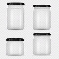 Set of Glass Jars for canning and preserving. Vector Illustration isolated on transparent background.Empty transparent glass jar with screw cap. Round Shape Glass Canister. - obrazy, fototapety, plakaty