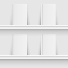 Blank book on book shelf. Hardcover Book Mock-Up isolated grey background. Vector illustration.