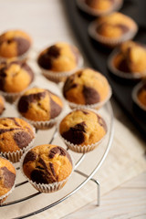Muffins on a plate on light wooden background.