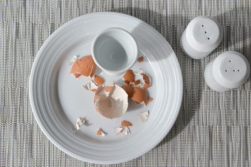 Eaten egg on a white plate