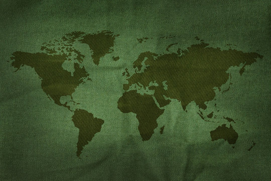 World Map on Military Army Fabric Texture background