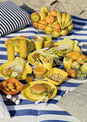 Summertime. A picnic on the beach. Burgers and pitas, vegetables and fruits.