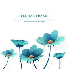 Template design banner with flower decor. Place for you text. Summer blue flower frame. Vector. 
