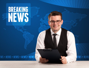 Television presenter in front telling breaking news with blue modern background