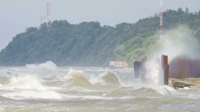 Storm Wind Rises Waves. Hurricane On The Sea. Ocean Waves Storm Sea Spray. Big Waves Break On The Shore. Cyclone. Global Warming.Slow Motion.