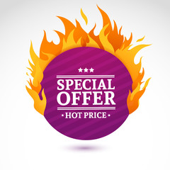 Template design circle banner with Special sale. Purple round card for hot offer with frame fire graphic. Advertising poster layout with flame border on white background. Vector.