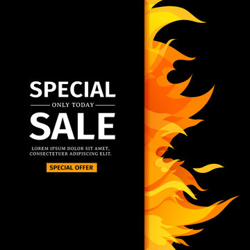 Template design vertical banner with Special sale. Card for hot offer with frame fire graphic. Invitation layout with flame border on black background. Vector.