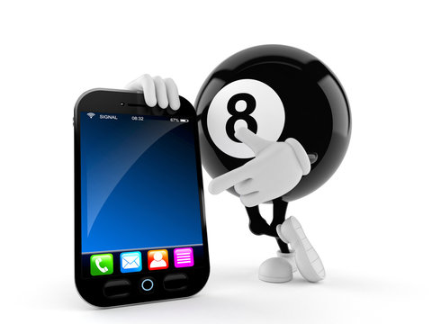Eight ball character with smart phone
