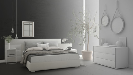 Unfinished project of minimalistic modern bedroom, sketch abstract interior design