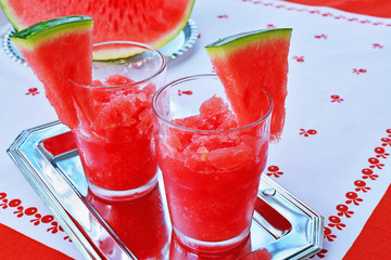 Watermelon shaved ice slush summer refreshment dessert drinks in glasses