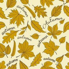 Seamless pattern with yellow leaves and inscription- autumn