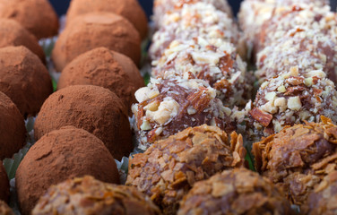 Set of different kinds of homemade chocolate truffles. Selective focus. Shallow depth of field