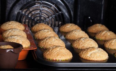 Cupcakes on a baking tray in the open oven. Selective focus. Shallow depth of field