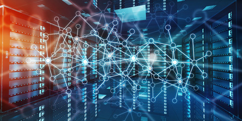 Abstract network on server room data center 3D rendering