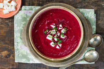 Beetroot soup with feta cheese and fresh thyme