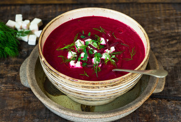 Beetroot soup with feta cheese,fresh dill and thyme