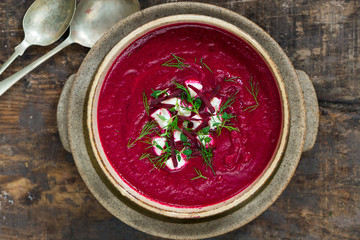 Beetroot soup with feta cheese,fresh dill and thyme