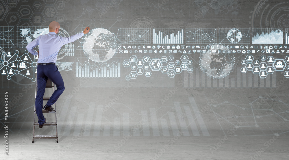Poster Businessman using graph screens interface on a wall 3D rendering