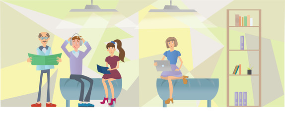 People sitting on sofas in office interior. Vector illustration.