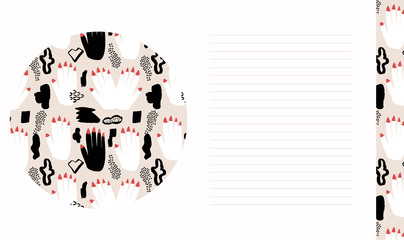 Hand drawn paper note. Modern abstract design. Red nails. Black and White hands. Ivory background.