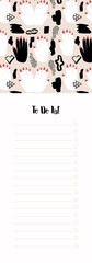 Hand drawn to do list. Modern abstract design. Red nails. White and black hands. Ivory background.