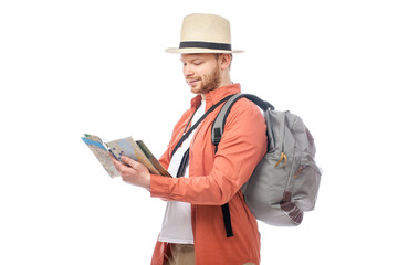 attractive tourist man smiling on white background