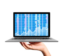  hand holding a laptop