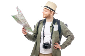 attractive tourist man smiling on white background
