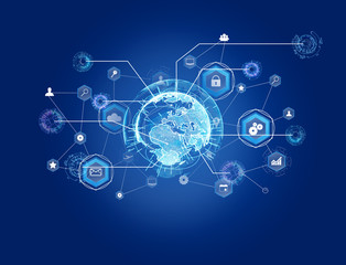 Naklejka premium International business network connection displayed on a futuristic interface with technology icon and sphere globe - Worldwide business concept