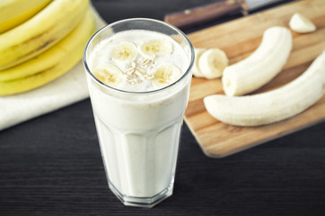 Milkshake with banana and oatmeal , healthy breakfast