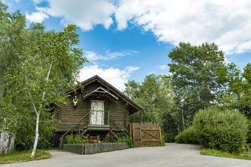 Fototapeta na wymiar Beautiful village Hut in Ukraine on a sunny day with beautiful clouds