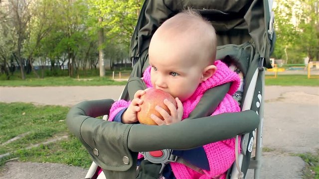 Baby girl sits in a baby stroller and eats an apple