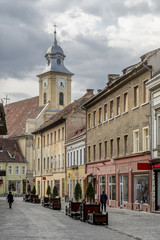 Obraz premium Beautiful vertical view of Strada Michael Weiss, in the historic center of Brasov, Romania