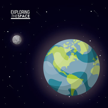 colorful poster exploring the space with planet earth and small moon