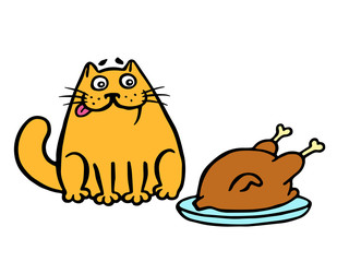 Orange cat sitting on the table and looking at the fried chicken. Vector illustration.