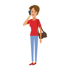 woman with purse standing talking mobile