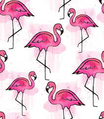 Pink flamingo watercolor pattern vector