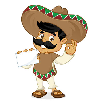 Mexican man cartoon holding business card