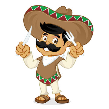 Mexican man cartoon holding fork and knife