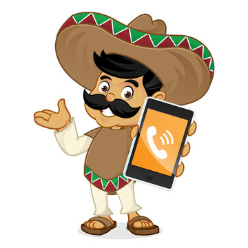 Mexican man cartoon holding phone